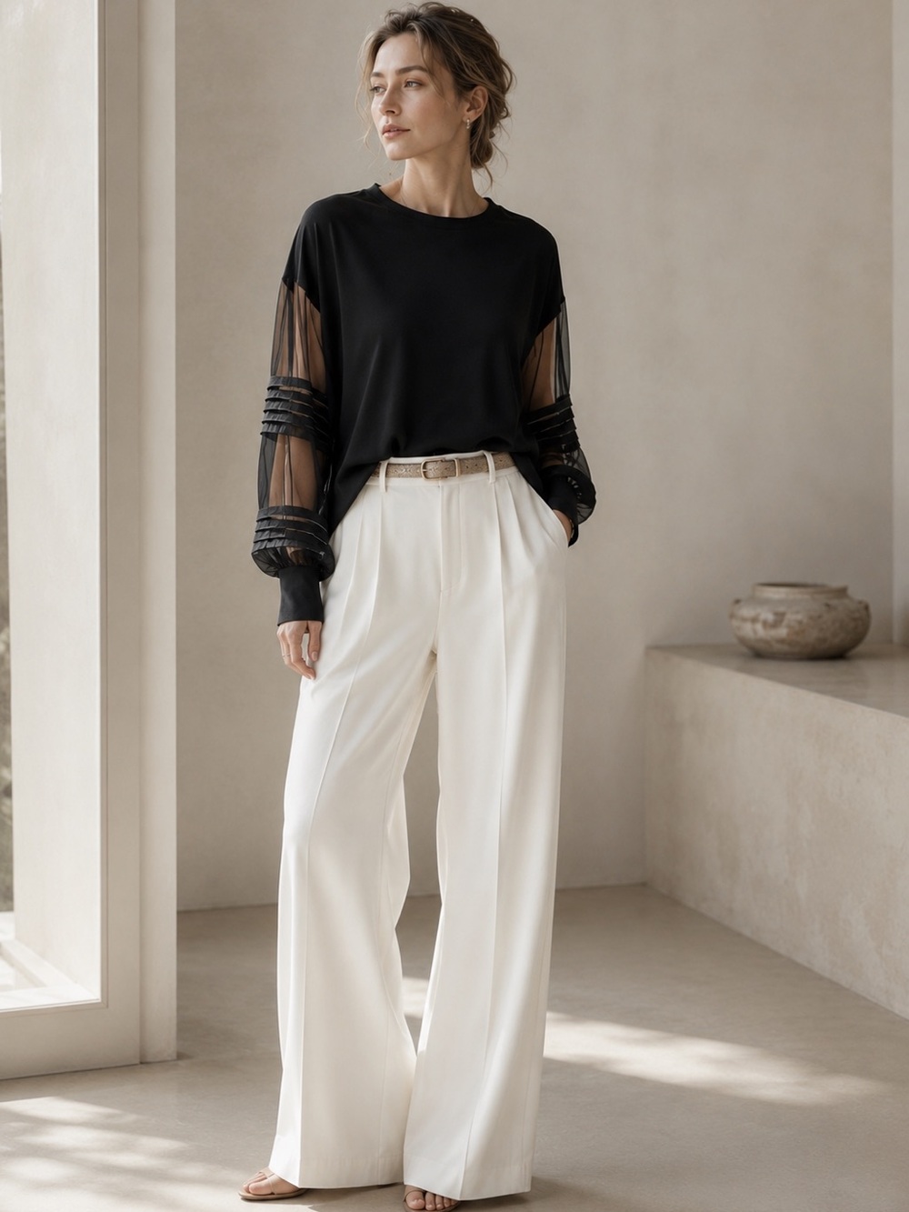 Brunello Cucinelli Black Long-Sleeve Sheer Panel Top